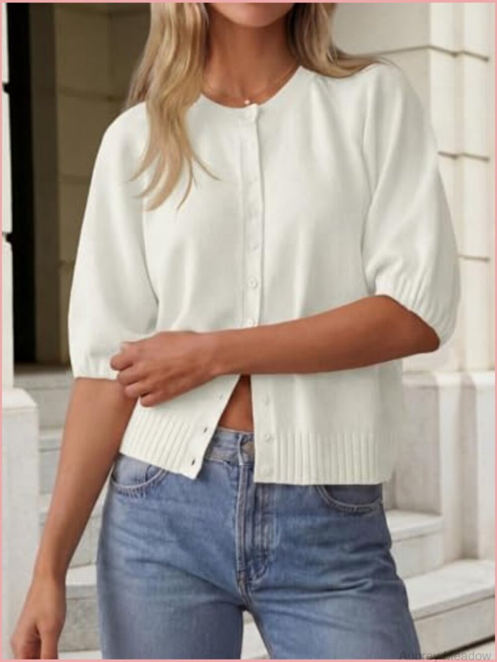 Short Sleeve Cardigan Lightweight Knit Crew Neck Button Down Sweater - Picture 3 of 7